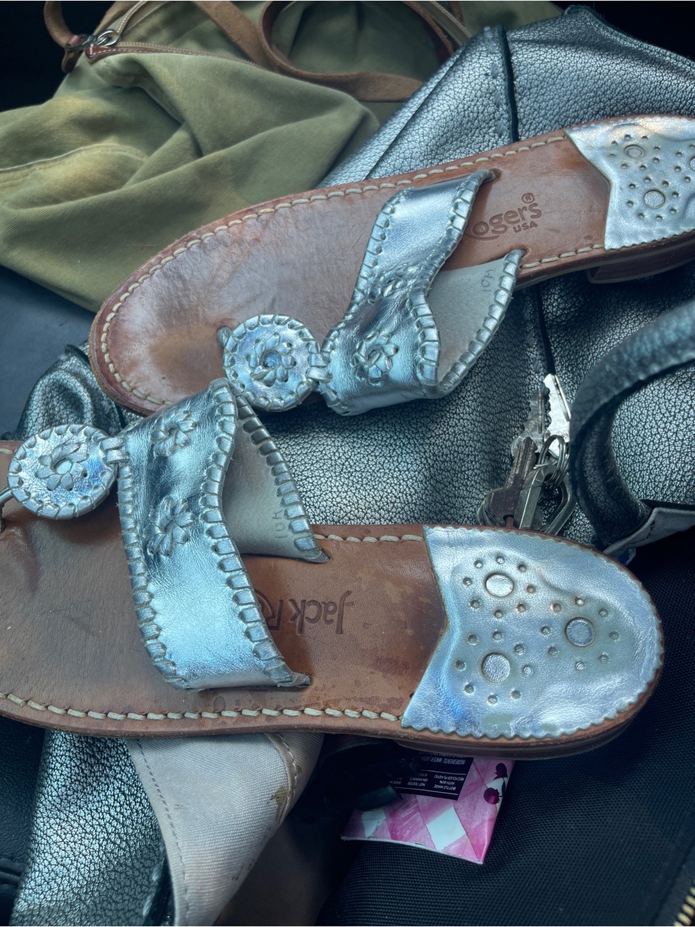 Jack Rogers Metallic Silver Leather Rondelle Slide Sandals size 10.